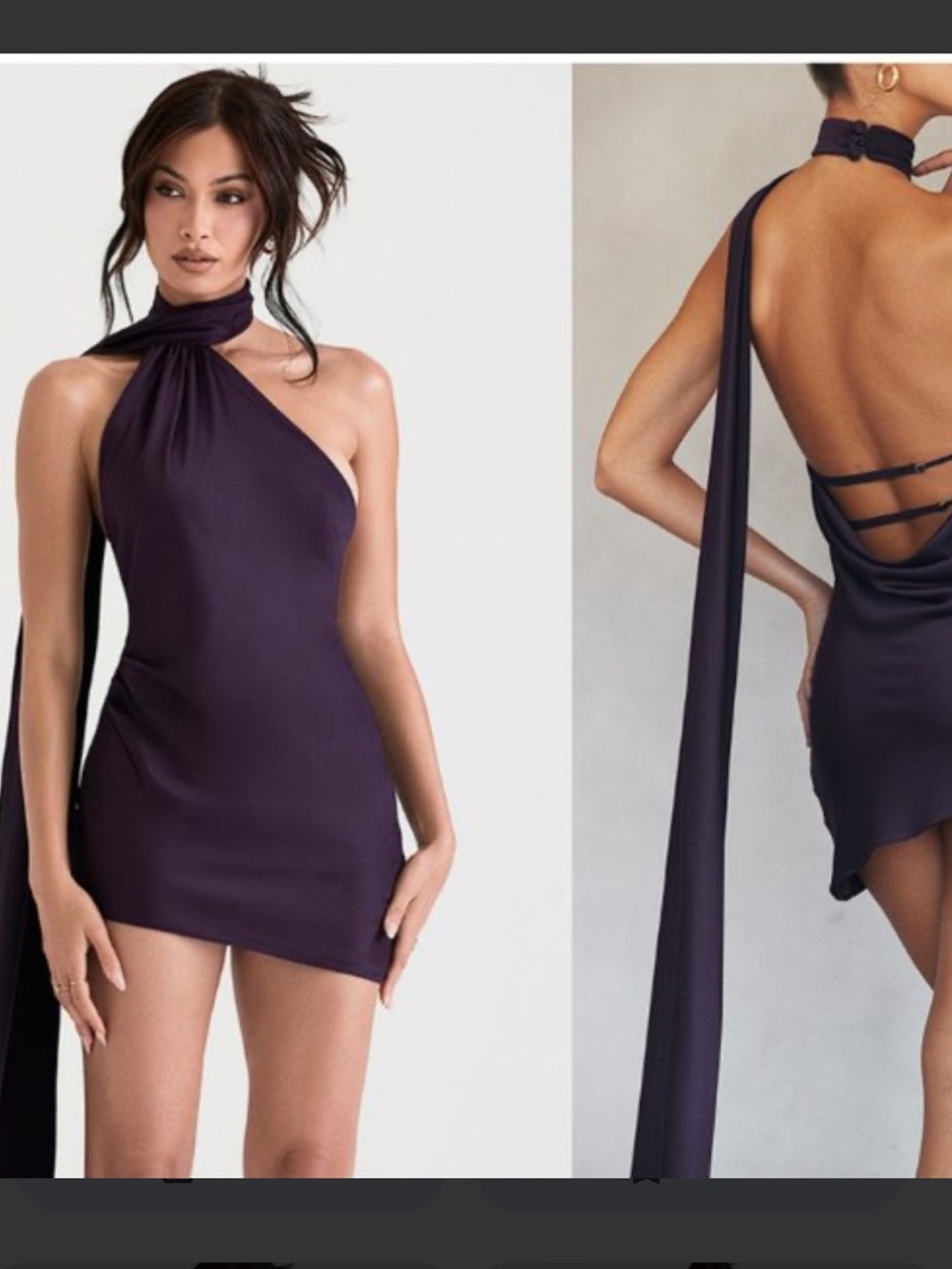 House of CB Aida dark purple satin draped asymmetrical mini dress